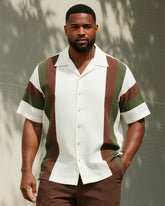 Big & Tall Men's Business Brown Contrast Striped Printed Short Sleeve Shirt Trousers Suit